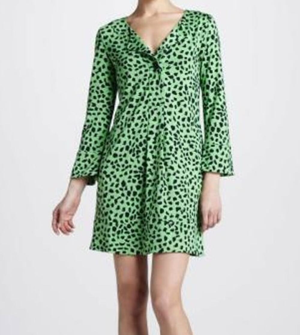 Diane von Furstenberg Green Black Gaby 100% Silk Jersey Tunic Mini Dress Size 6